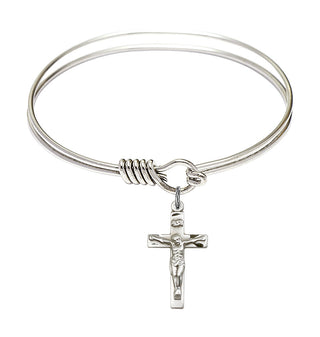 6 1/4 inch Round Eye Hook Rhodium Bangle Bracelet with a Sterling Silver Crucifix charm.