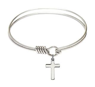 6 1/4 inch Round Eye Hook Rhodium Bangle Bracelet with a Sterling Silver Cross charm.