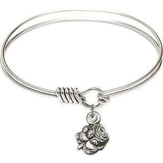 6 1/4 inch Round Eye Hook Rhodium Bangle Bracelet with a Sterling Silver Rosebud charm.