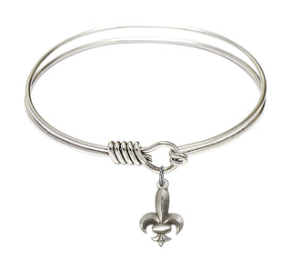 6 1/4 inch Round Eye Hook Rhodium Bangle Bracelet with a Sterling Silver Fleur de Lis charm.