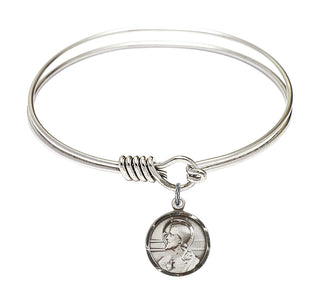 6 1/4 inch Round Eye Hook Rhodium Bangle Bracelet with a Sterling Silver Scapular charm. Engraved Catholic Saint Jewelry