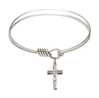 6 1/4 inch Round Eye Hook Rhodium Bangle Bracelet with a Sterling Silver Cross charm.