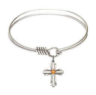 6 1/4 inch Round Eye Hook Rhodium Bangle Bracelet with a Sterling Silver Cross charm.