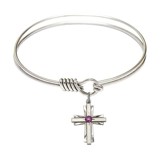 6 1/4 inch Round Eye Hook Rhodium Bangle Bracelet with a Sterling Silver Cross charm.