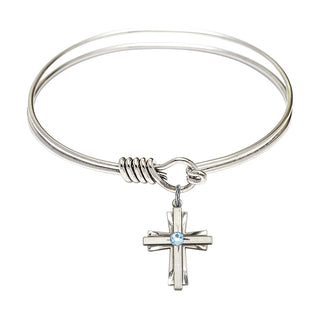 6 1/4 inch Round Eye Hook Rhodium Bangle Bracelet with a Sterling Silver Cross charm.