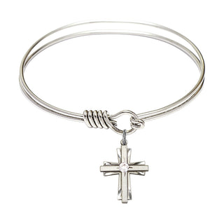 6 1/4 inch Round Eye Hook Rhodium Bangle Bracelet with a Sterling Silver Cross charm.