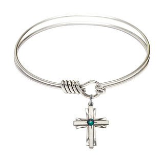 6 1/4 inch Round Eye Hook Rhodium Bangle Bracelet with a Sterling Silver Cross charm.
