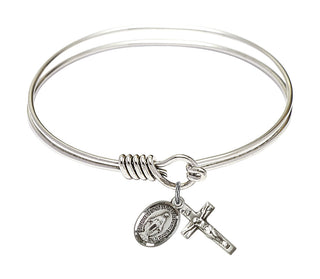 6 1/4 inch Round Eye Hook Rhodium Bangle Bracelet with a Sterling Silver Crucifix charm.