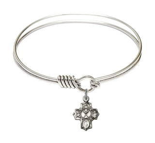 6 1/4 inch Round Eye Hook Rhodium Bangle Bracelet with a Sterling Silver Communion 5-Way charm.