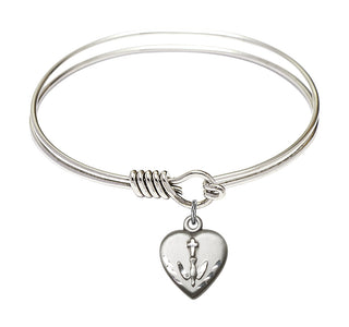 6 1/4 inch Round Eye Hook Rhodium Bangle Bracelet with a Sterling Silver Heart / Confirmation charm.