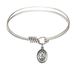 6 1/4 inch Round Eye Hook Rhodium Bangle Bracelet with a Sterling Silver Confirmation charm.