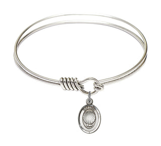 6 1/4 inch Round Eye Hook Rhodium Bangle Bracelet with a Sterling Silver Baptism charm.