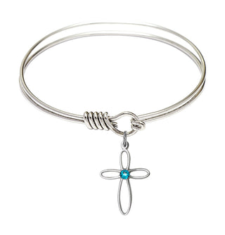 6 1/4 inch Round Eye Hook Rhodium Bangle Bracelet with a Sterling Silver Loop Cross charm.