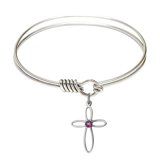 6 1/4 inch Round Eye Hook Rhodium Bangle Bracelet with a Sterling Silver Loop Cross charm.