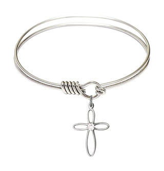 6 1/4 inch Round Eye Hook Rhodium Bangle Bracelet with a Sterling Silver Loop Cross charm.