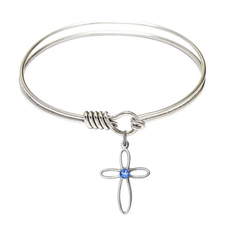 6 1/4 inch Round Eye Hook Rhodium Bangle Bracelet with a Sterling Silver Loop Cross charm.