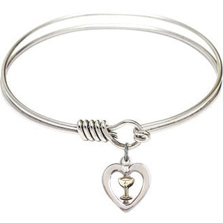 6 1/4 inch Round Eye Hook Rhodium Bangle Bracelet with a Two-Tone SS/GF Heart / Chalice charm.