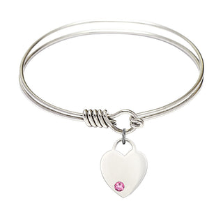 6 1/4 inch Round Eye Hook Rhodium Bangle Bracelet with a Sterling Silver Heart charm. Engraved Catholic Saint Jewelry