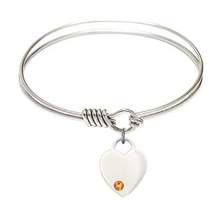 6 1/4 inch Round Eye Hook Rhodium Bangle Bracelet with a Sterling Silver Heart charm. Engraved Catholic Saint Jewelry