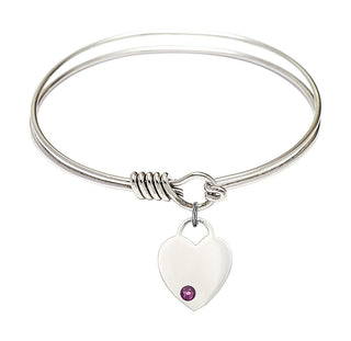 6 1/4 inch Round Eye Hook Rhodium Bangle Bracelet with a Sterling Silver Heart charm. Engraved Catholic Saint Jewelry