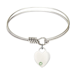 6 1/4 inch Round Eye Hook Rhodium Bangle Bracelet with a Sterling Silver Heart charm. Engraved Catholic Saint Jewelry