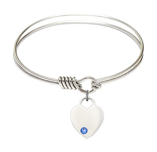 6 1/4 inch Round Eye Hook Rhodium Bangle Bracelet with a Sterling Silver Heart charm. Engraved Catholic Saint Jewelry