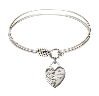 6 1/4 inch Round Eye Hook Rhodium Bangle Bracelet with a Sterling Silver Guardian Angel Heart charm. Engraved Catholic Saint Jewelry