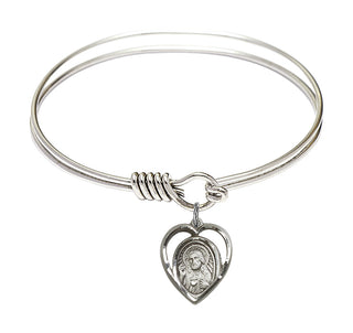 6 1/4 inch Round Eye Hook Rhodium Bangle Bracelet with a Sterling Silver Scapular charm.