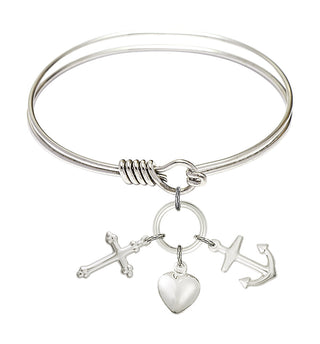 6 1/4 inch Round Eye Hook Rhodium Bangle Bracelet with a Sterling Silver Cross Charm charm.