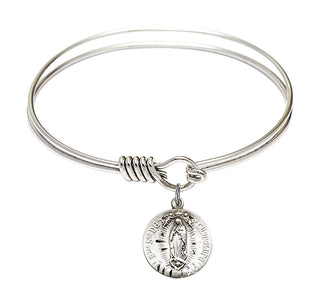 6 1/4 inch Round Eye Hook Rhodium Bangle Bracelet with a Sterling Silver Our Lady of Guadalupe charm.