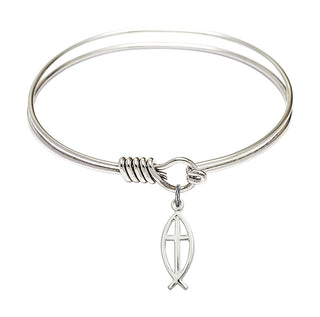 6 1/4 inch Round Eye Hook Rhodium Bangle Bracelet with a Sterling Silver Fish / Cross charm.