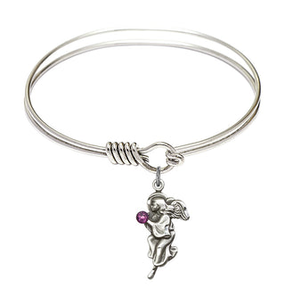 6 1/4 inch Round Eye Hook Rhodium Bangle Bracelet with a Sterling Silver Guardian Angel charm.