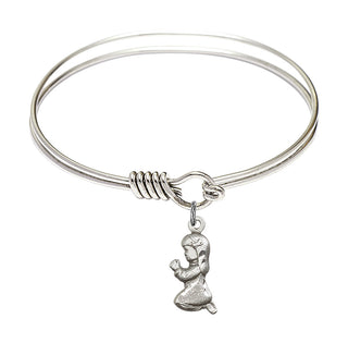 6 1/4 inch Round Eye Hook Rhodium Bangle Bracelet with a Sterling Silver Praying Girl charm.