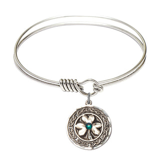 6 1/4 inch Round Eye Hook Rhodium Bangle Bracelet with a Sterling Silver Shamrock with Celtic Border charm.