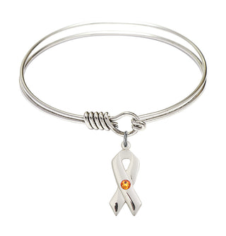 6 1/4 inch Round Eye Hook Rhodium Bangle Bracelet with a Sterling Silver Cancer Awareness charm.