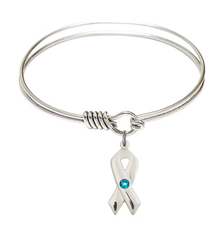 6 1/4 inch Round Eye Hook Rhodium Bangle Bracelet with a Sterling Silver Cancer Awareness charm.