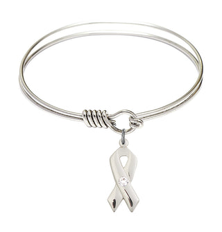 6 1/4 inch Round Eye Hook Rhodium Bangle Bracelet with a Sterling Silver Cancer Awareness charm.