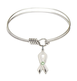 6 1/4 inch Round Eye Hook Rhodium Bangle Bracelet with a Sterling Silver Cancer Awareness charm.