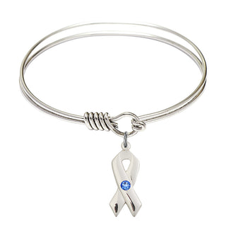 6 1/4 inch Round Eye Hook Rhodium Bangle Bracelet with a Sterling Silver Cancer Awareness charm.