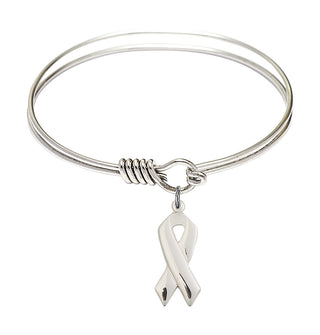 6 1/4 inch Round Eye Hook Rhodium Bangle Bracelet with a Sterling Silver Cancer Awareness charm.