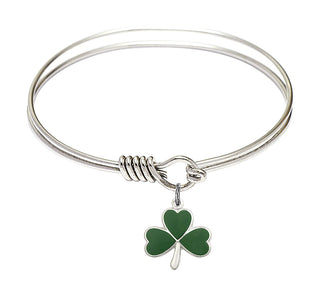 6 1/4 inch Round Eye Hook Rhodium Bangle Bracelet with a Sterling Silver Shamrock charm.
