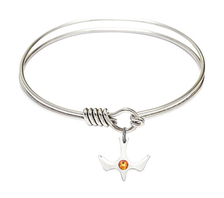6 1/4 inch Round Eye Hook Rhodium Bangle Bracelet with a Sterling Silver Holy Spirit charm.