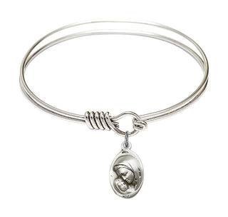 6 1/4 inch Round Eye Hook Rhodium Bangle Bracelet with a Sterling Silver Madonna & Child charm.