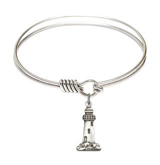 6 1/4 inch Round Eye Hook Rhodium Bangle Bracelet with a Sterling Silver Lighthouse charm.