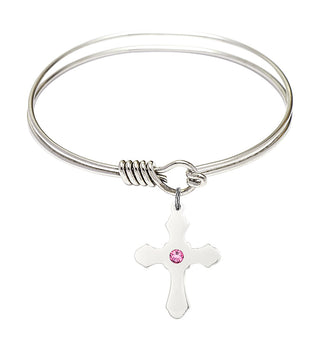 6 1/4 inch Round Eye Hook Rhodium Bangle Bracelet with a Sterling Silver Cross charm.