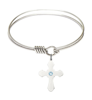 6 1/4 inch Round Eye Hook Rhodium Bangle Bracelet with a Sterling Silver Cross charm.