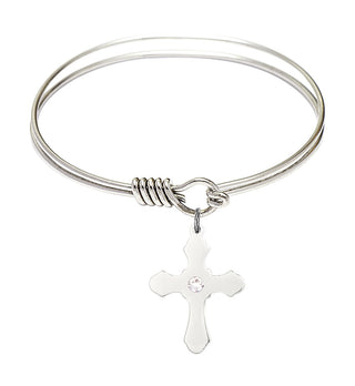 6 1/4 inch Round Eye Hook Rhodium Bangle Bracelet with a Sterling Silver Cross charm.