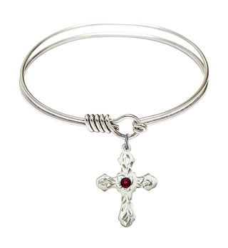 6 1/4 inch Round Eye Hook Rhodium Bangle Bracelet with a Sterling Silver Cross charm. Engraved Catholic Saint Jewelry
