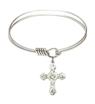 6 1/4 inch Round Eye Hook Rhodium Bangle Bracelet with a Sterling Silver Cross charm. Engraved Catholic Saint Jewelry