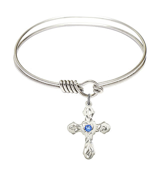 6 1/4 inch Round Eye Hook Rhodium Bangle Bracelet with a Sterling Silver Cross charm. Engraved Catholic Saint Jewelry